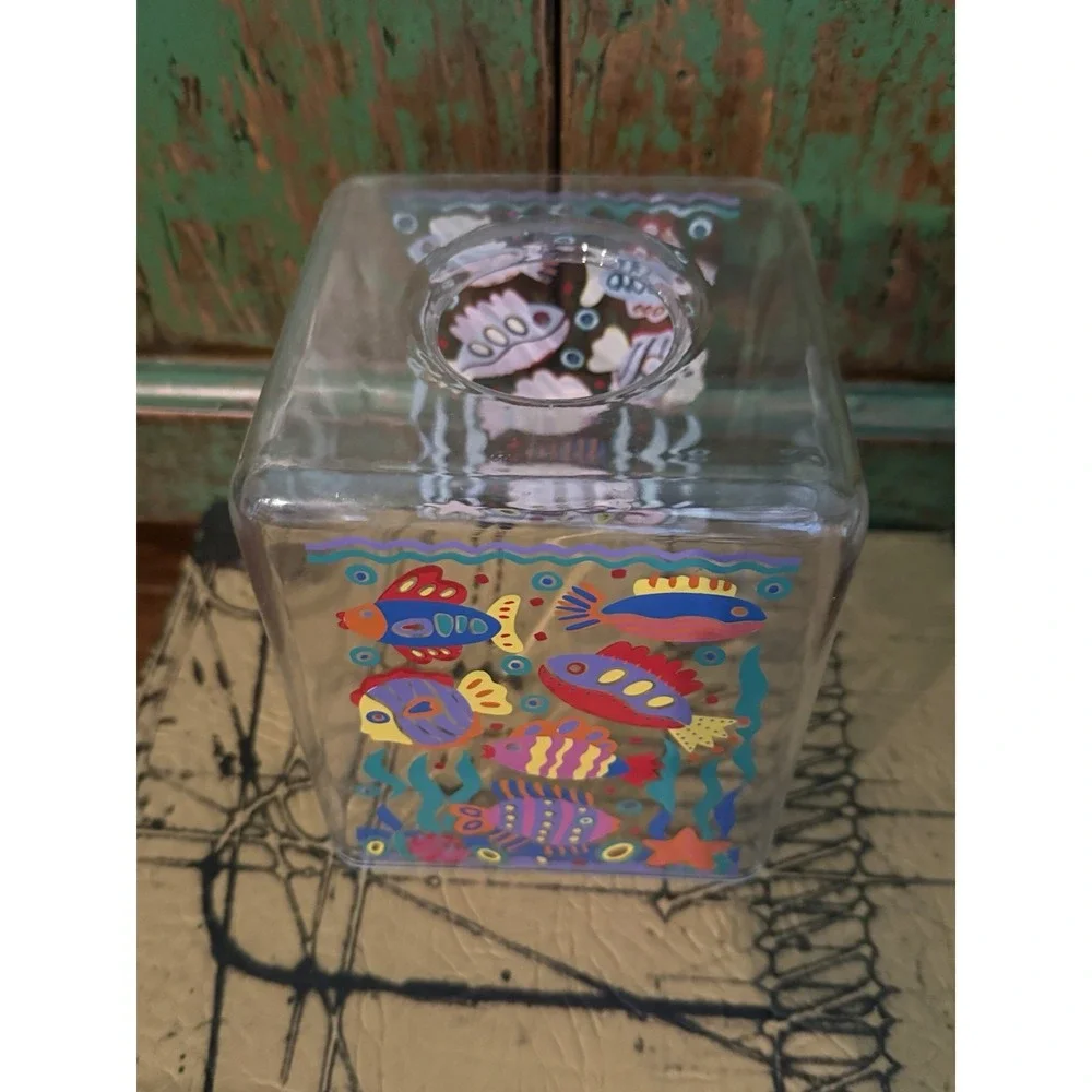 Vintage 1980's Clear Plastic Kleenex Holder Colorful Fish Coastal